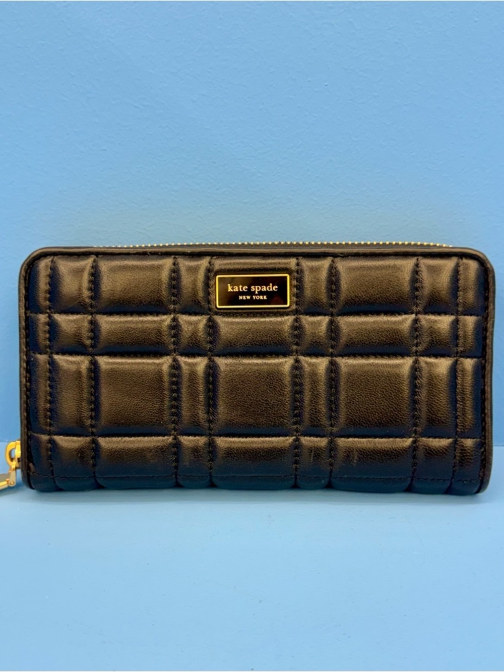 kate spade Black Quilted Zip Wallet with Gold Plaque